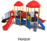 Horizon Color Scheme: Posts- Sunglow Yellow; Rails- Cobalt Blue; Panels/Climbers- Pacific Blue; Roofs/Slides- Primary Red