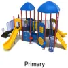Primary Color Scheme: Posts- Brick Red; Rails- Cobalt Blue; Roofs/Panels- Pacific Blue; Climbers/Slides- Sunglow Yellow; Tubes/Bridge- Pacific Blue & Sunglow Yellow