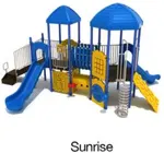 Sunrise Color Scheme: Posts- Cobalt Blue; Roofs/Slides- Pacific Blue; Rails- Sand Dollar; Panels/Climbers- Sunglow Yellow