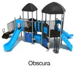 Obscura Color Scheme: Posts- Silver; Rails- Matte Black; Roofs/Panels- Black; Climbers/Slides- Sky Blue