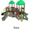 Ruins Color Scheme: Posts- Brown; Rails- Lime Green; Roofs- Primary Green; Panels- Brick Red; Climbers/Slides- Mossy Stone